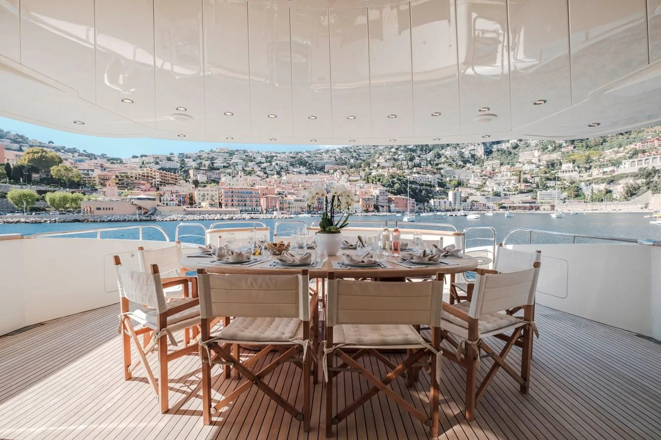 a table set for a meal aboard BEIJA FLORE Yacht for Charter