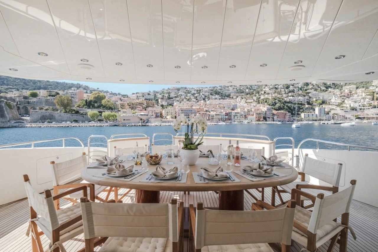 a table set for a meal aboard BEIJA FLORE Yacht for Charter