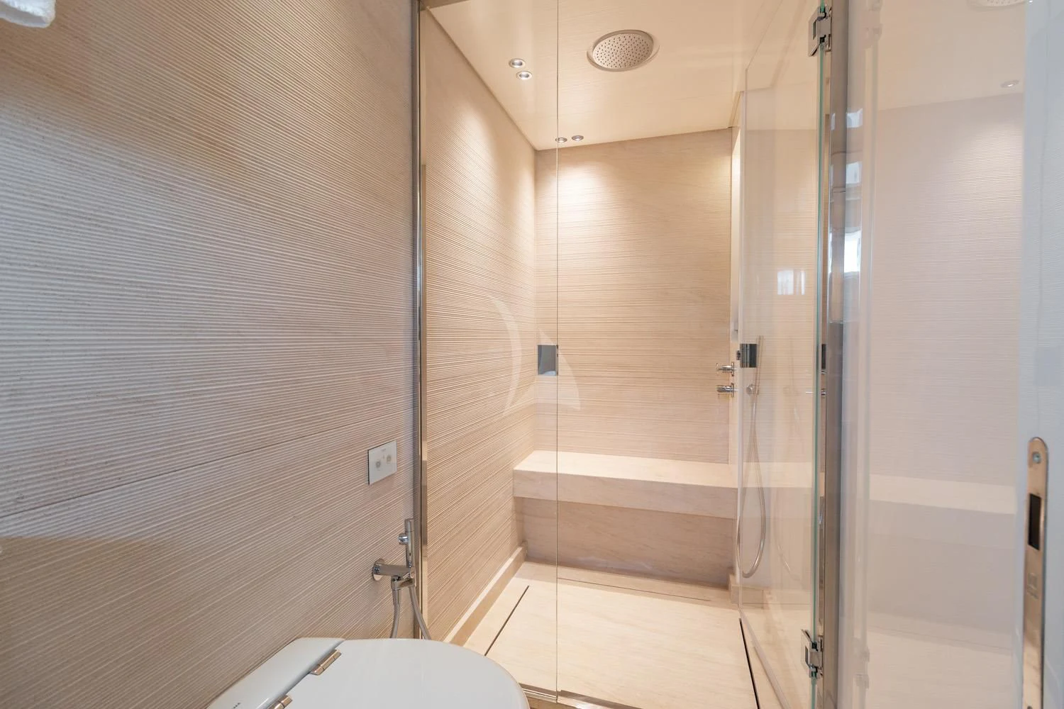a bathroom with a shower unit aboard SWEET VIRGINIA Yacht for Sale