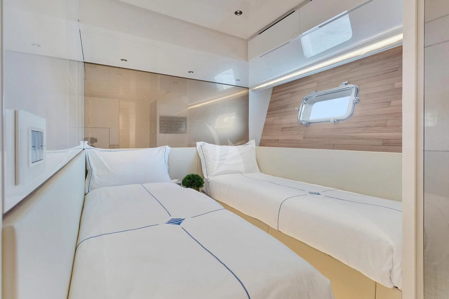 a room with two beds aboard SWEET VIRGINIA Yacht for Sale