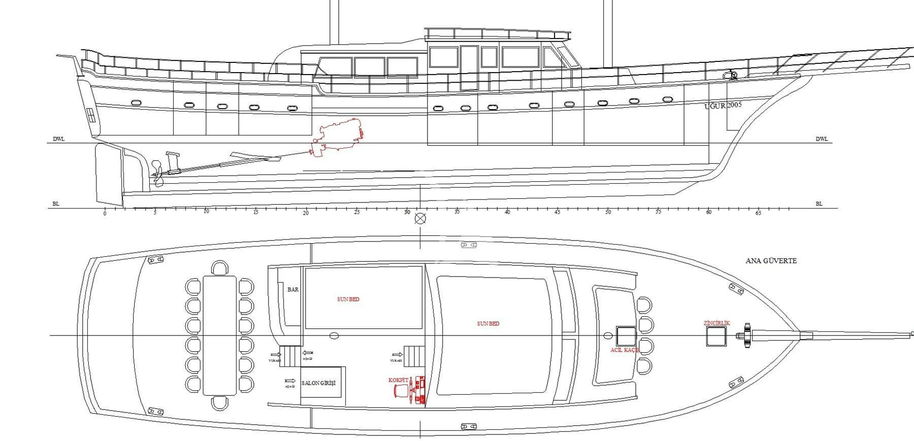 diagram, engineering drawing aboard UGUR Yacht for Sale