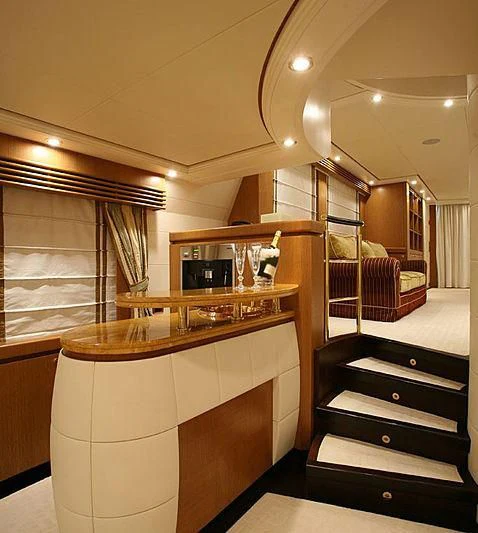 a large bathroom with a large mirror aboard ALFA XII Yacht for Sale