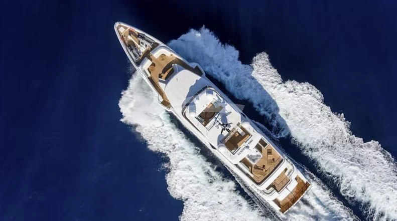 a rocket taking off from the earth aboard RISING DAWN Yacht for Sale