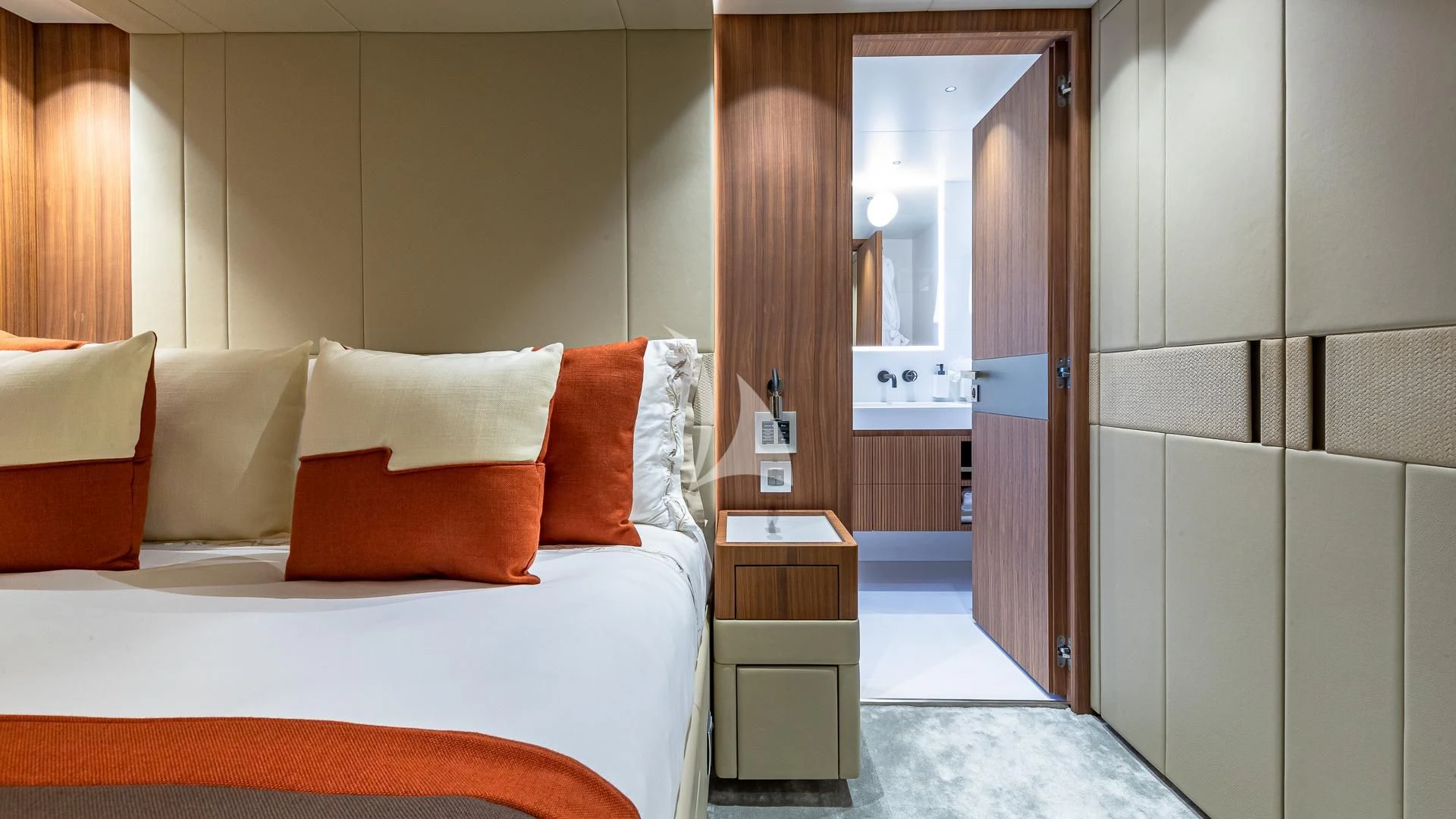 a bed in a hotel room aboard RISING DAWN Yacht for Sale