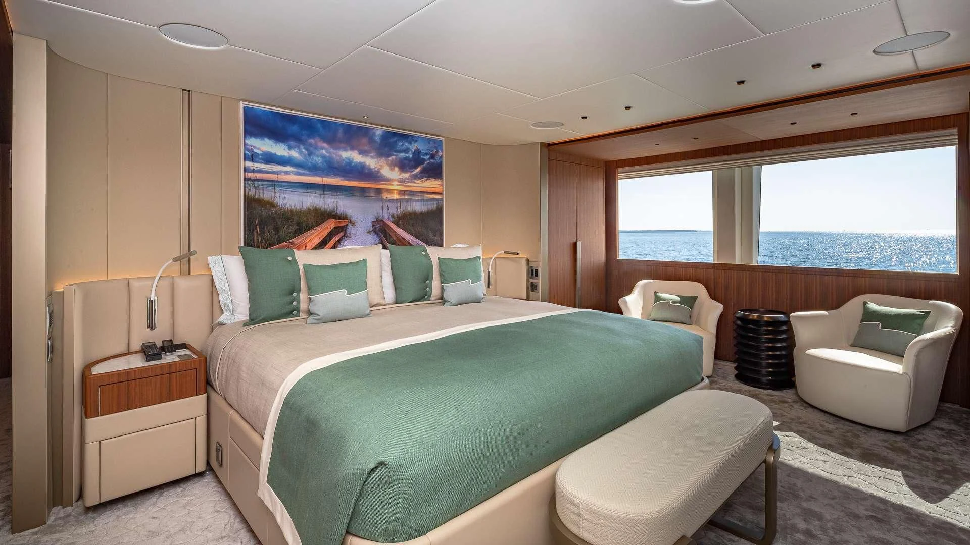 a bed in a room aboard RISING DAWN Yacht for Sale