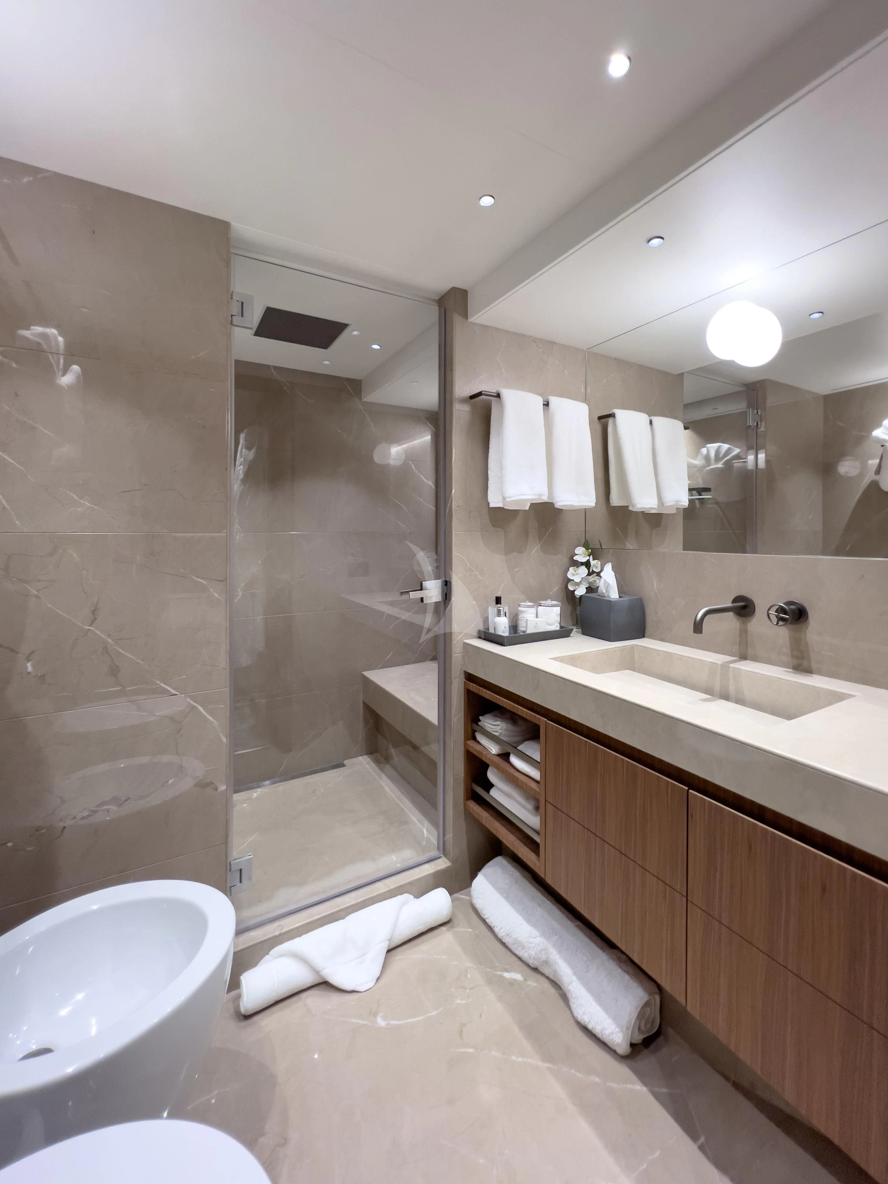 a bathroom with a glass shower aboard RISING DAWN Yacht for Sale