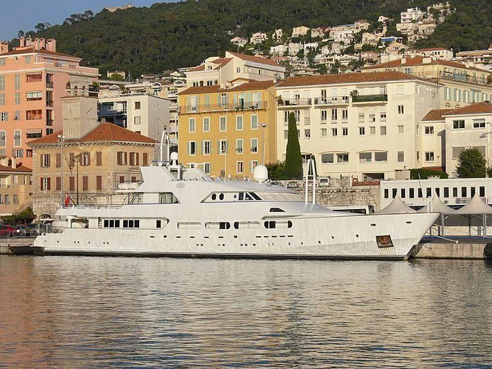a large white boat in the water aboard ACHILLES Yacht for Sale