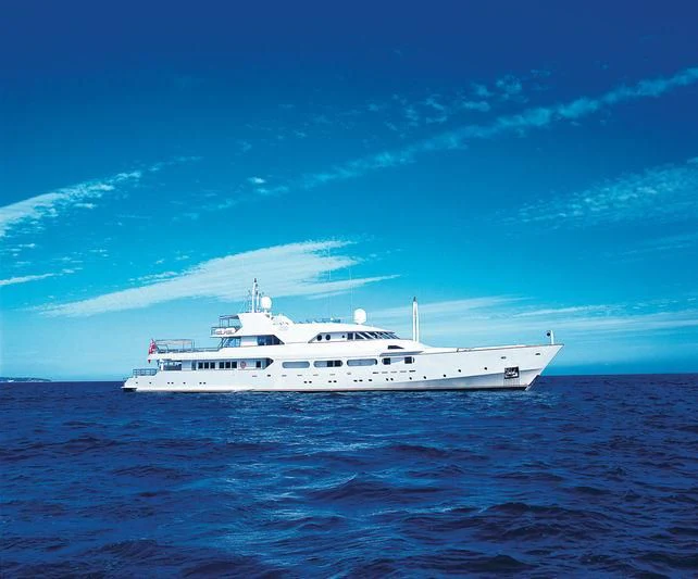 a white yacht in the water aboard ACHILLES Yacht for Sale