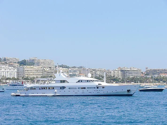 a white yacht in the water aboard ACHILLES Yacht for Sale