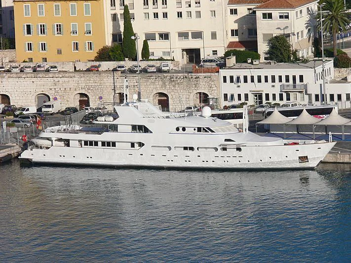 a large white boat in the water aboard ACHILLES Yacht for Sale