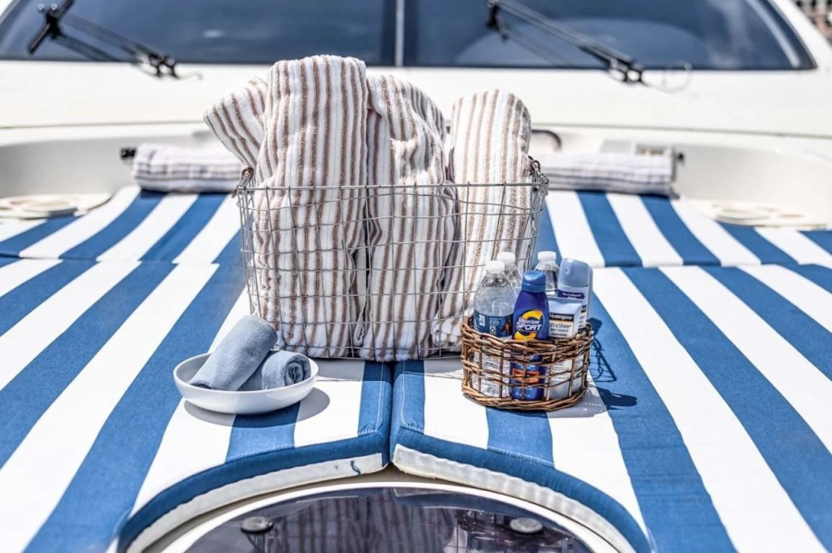 a boat with a basket and a basket on it aboard THE CURE Yacht for Sale