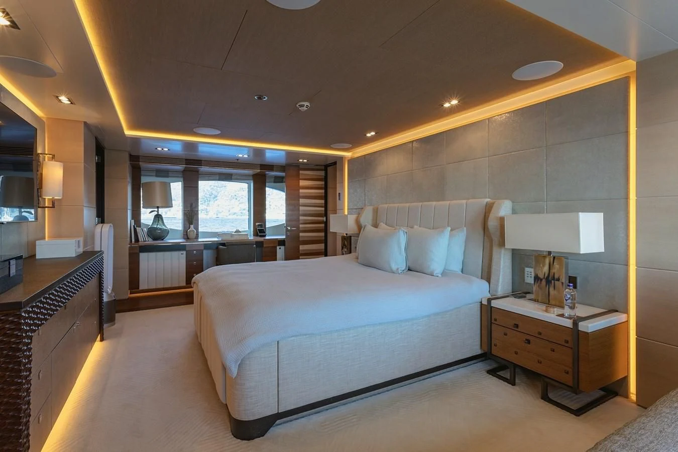 a large bedroom with a large bed aboard MY SECRET Yacht for Sale