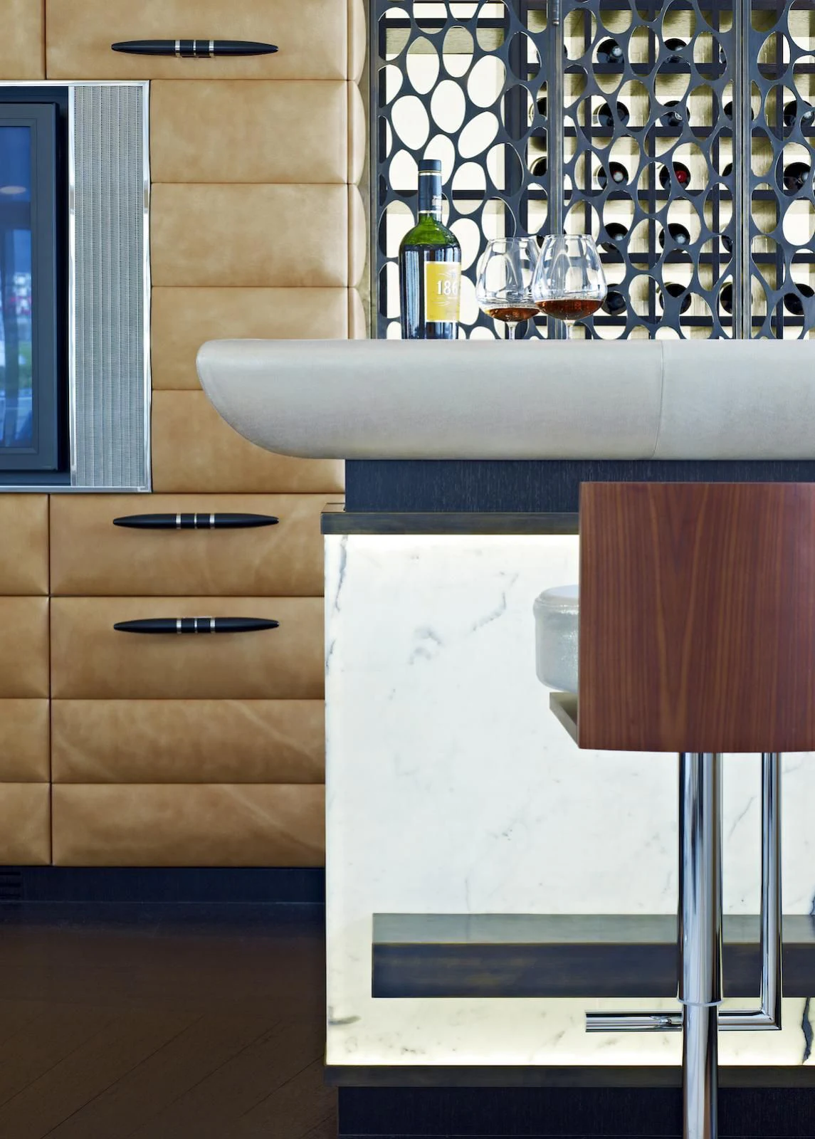 a wooden cabinet with a glass shelf aboard MY SECRET Yacht for Sale