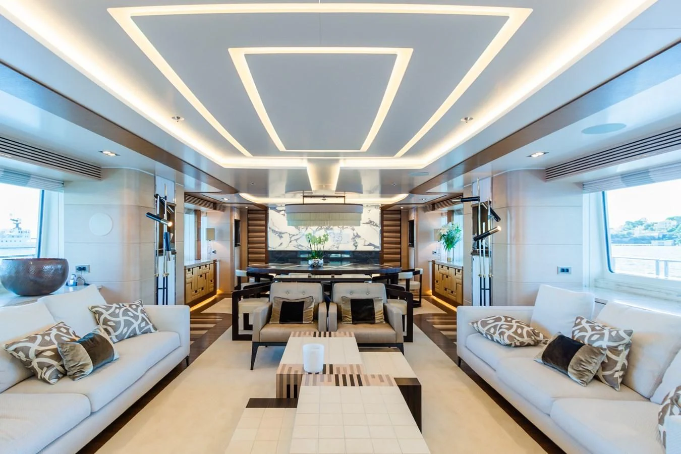 a living room with a large open floor plan aboard MY SECRET Yacht for Sale