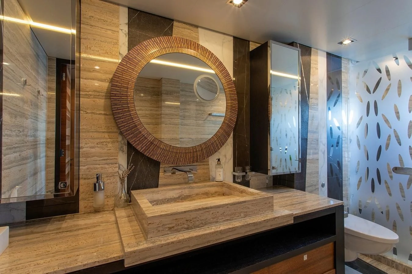 a bathroom with a large mirror aboard MY SECRET Yacht for Sale