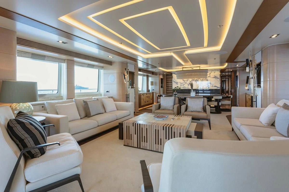 a living room with a large window aboard MY SECRET Yacht for Sale