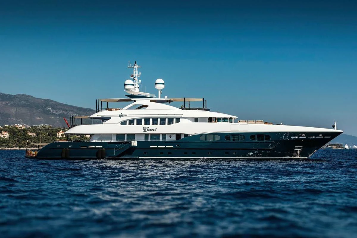 a large boat in the water aboard MY SECRET Yacht for Sale