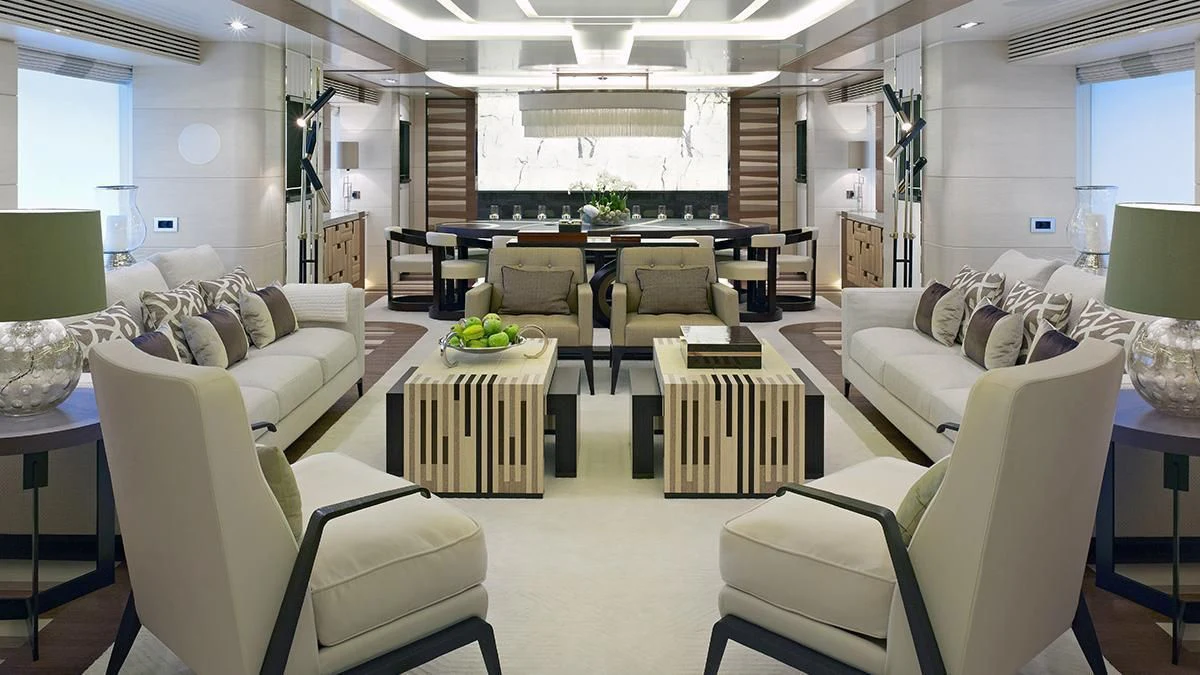 a living room with white furniture aboard MY SECRET Yacht for Sale