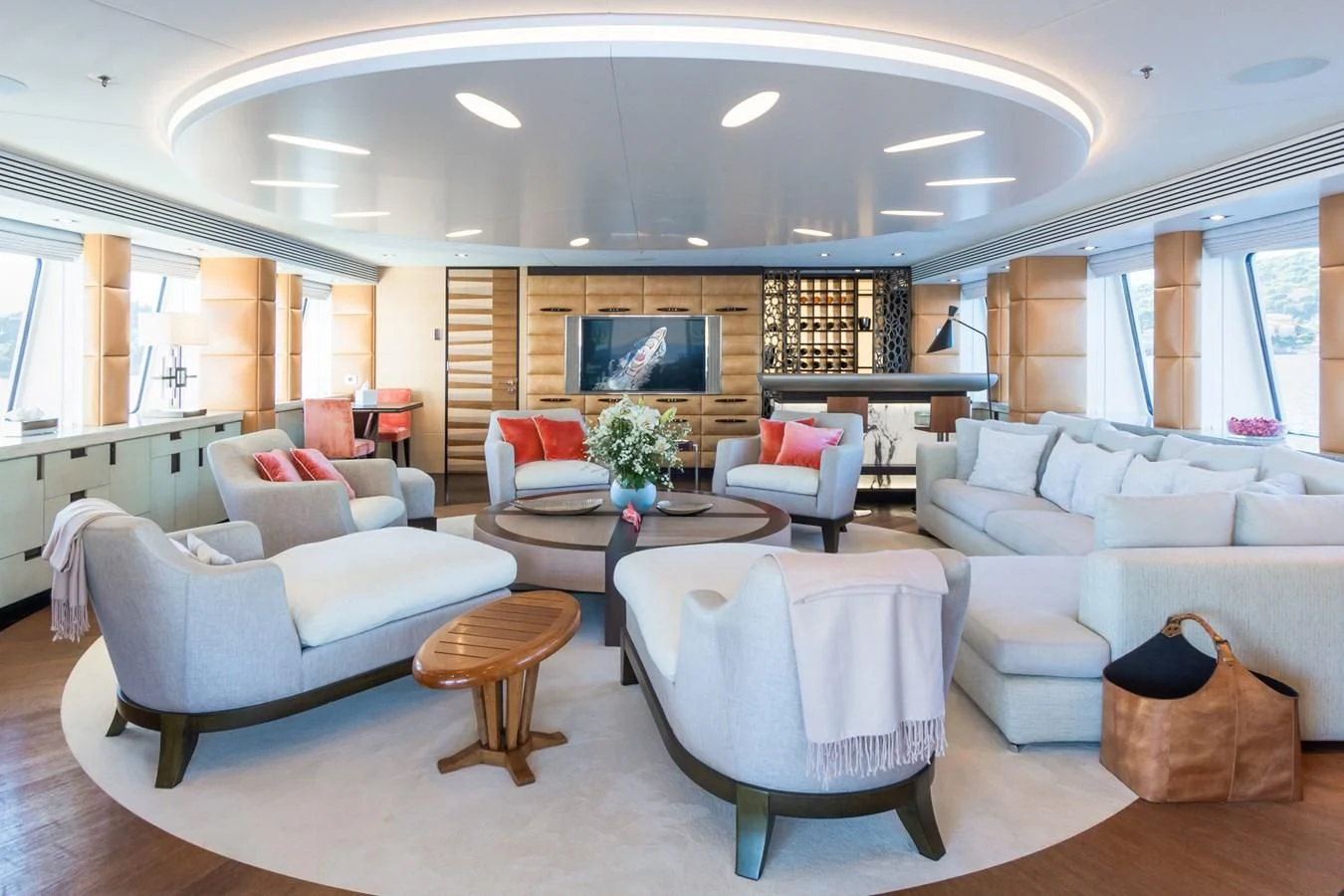 a living room with white couches aboard MY SECRET Yacht for Sale