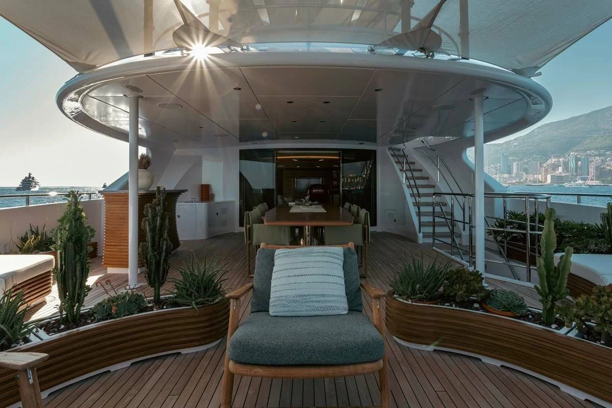 a room with a large patio and a view of the water aboard MY SECRET Yacht for Sale