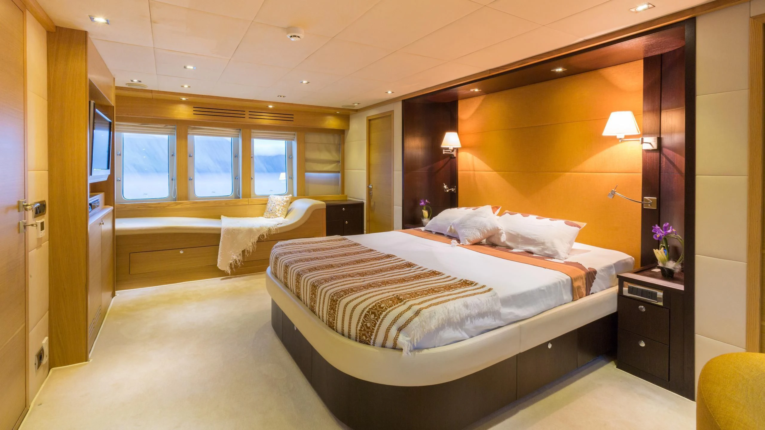 a room with two beds aboard GOOD VIBES Yacht for Sale