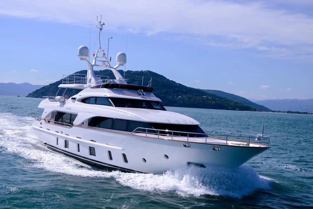 a white yacht on the water aboard GOOD VIBES Yacht for Sale