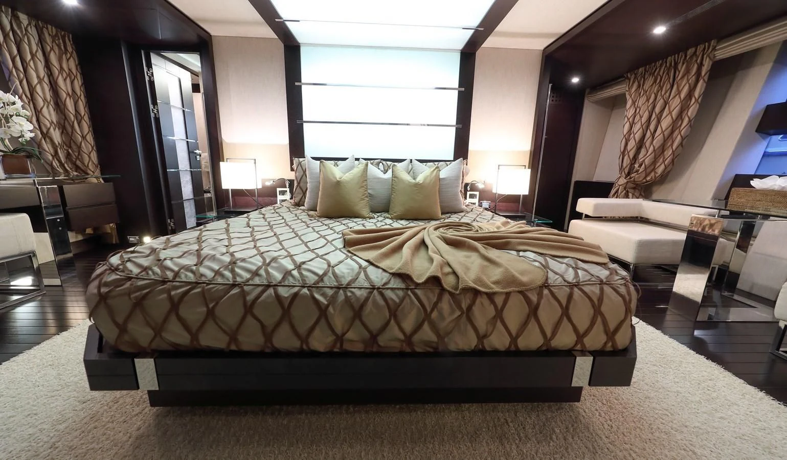 a bed in a room aboard PATRONESS Yacht for Sale