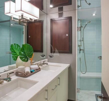 a bathroom with a shower and sink aboard LADY CARMEN Yacht for Sale