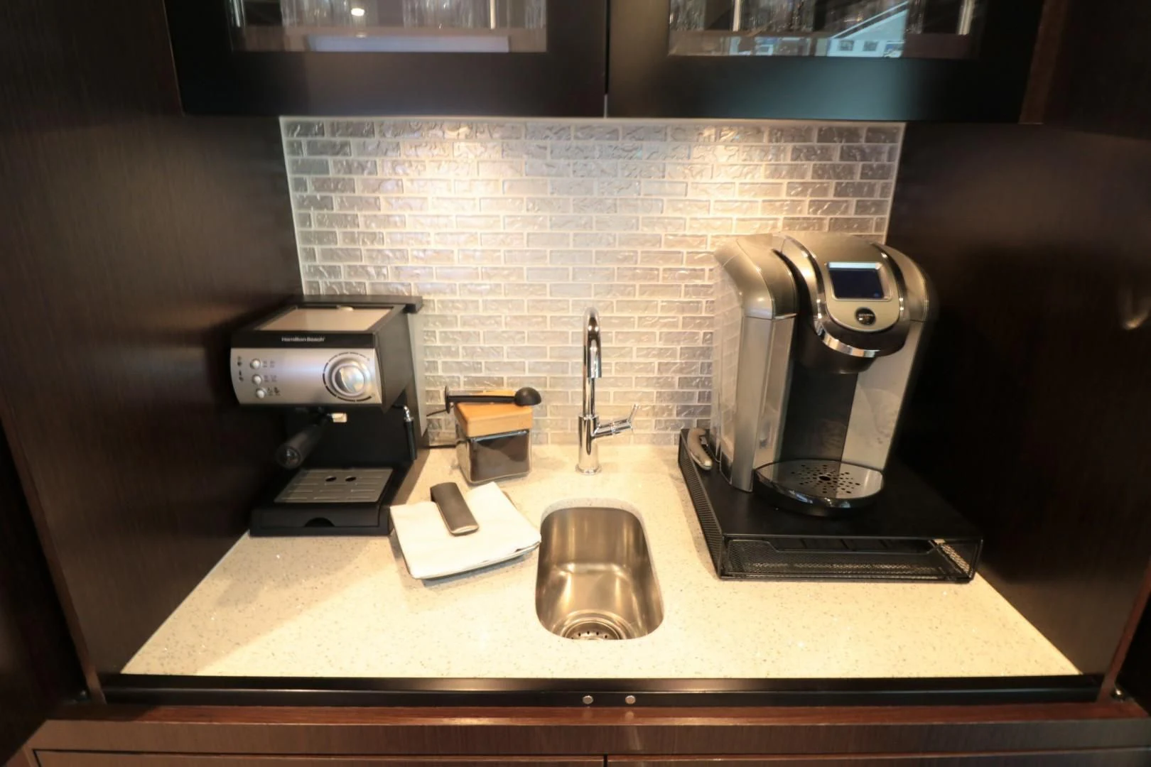 a coffee maker on a counter aboard LADY CARMEN Yacht for Sale