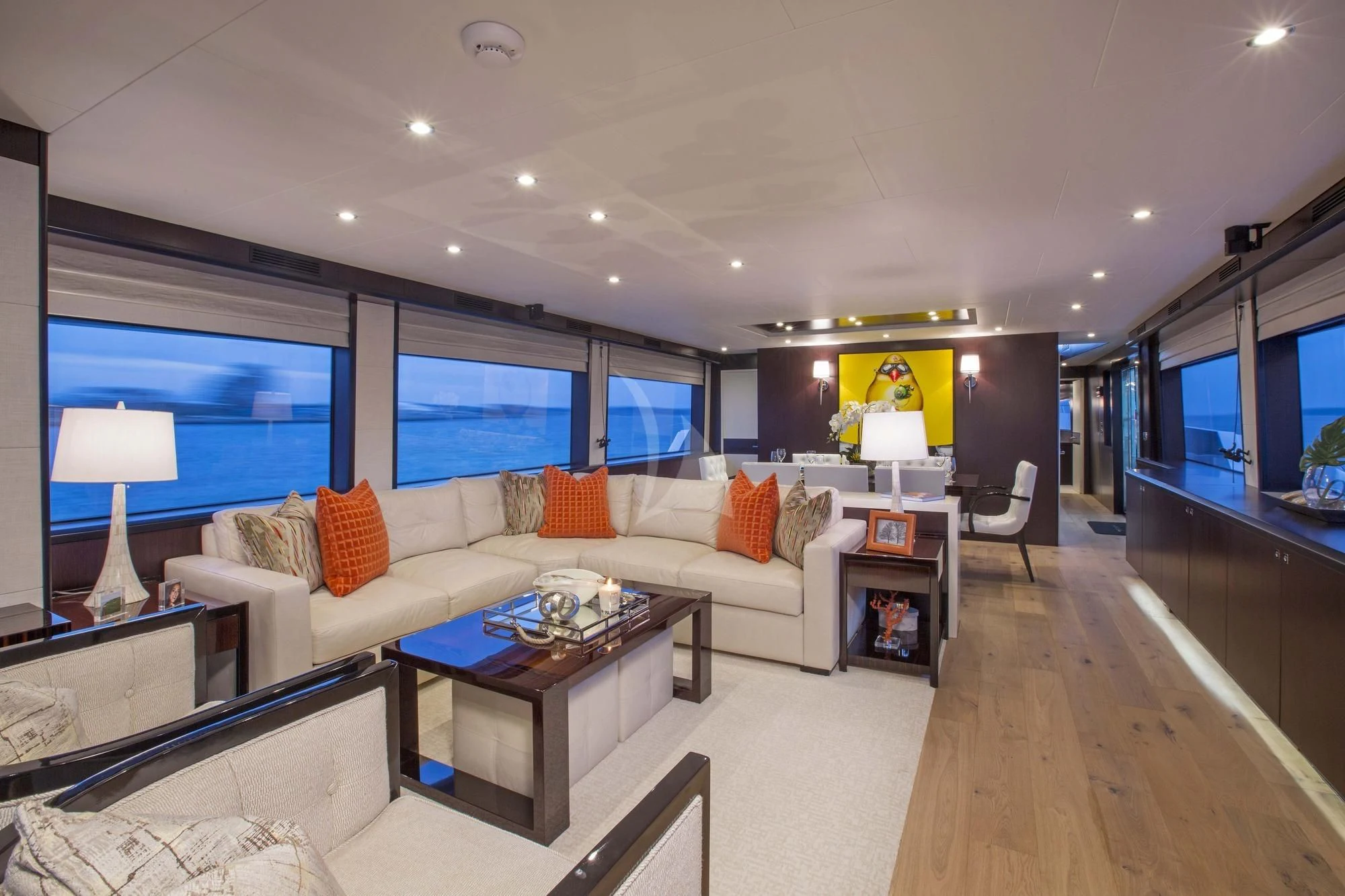 a living room with a large window aboard LADY CARMEN Yacht for Sale