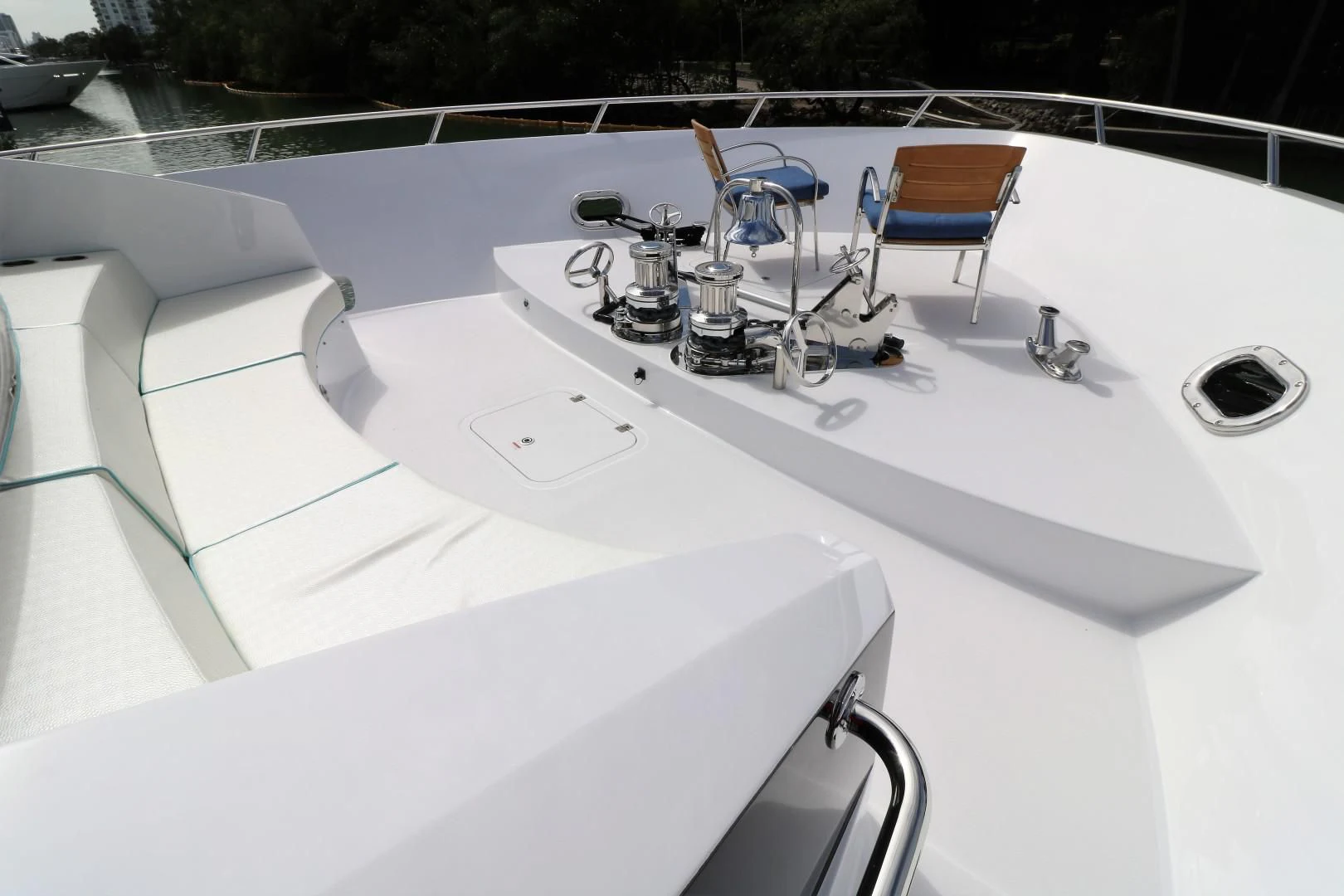 a white rectangular table with chairs on it aboard LADY CARMEN Yacht for Sale