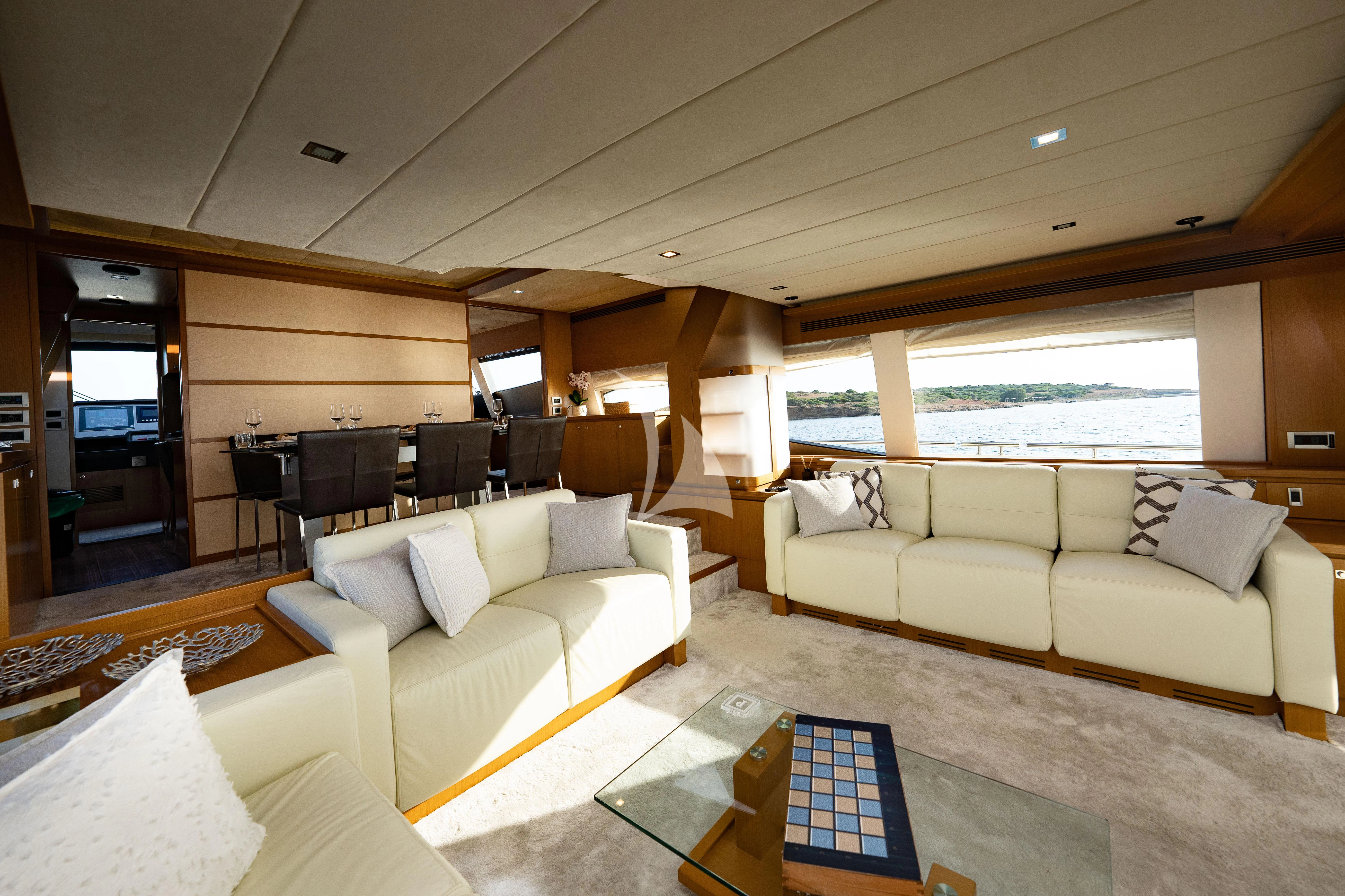 a living room with a large window aboard NINETEEN Yacht for Charter