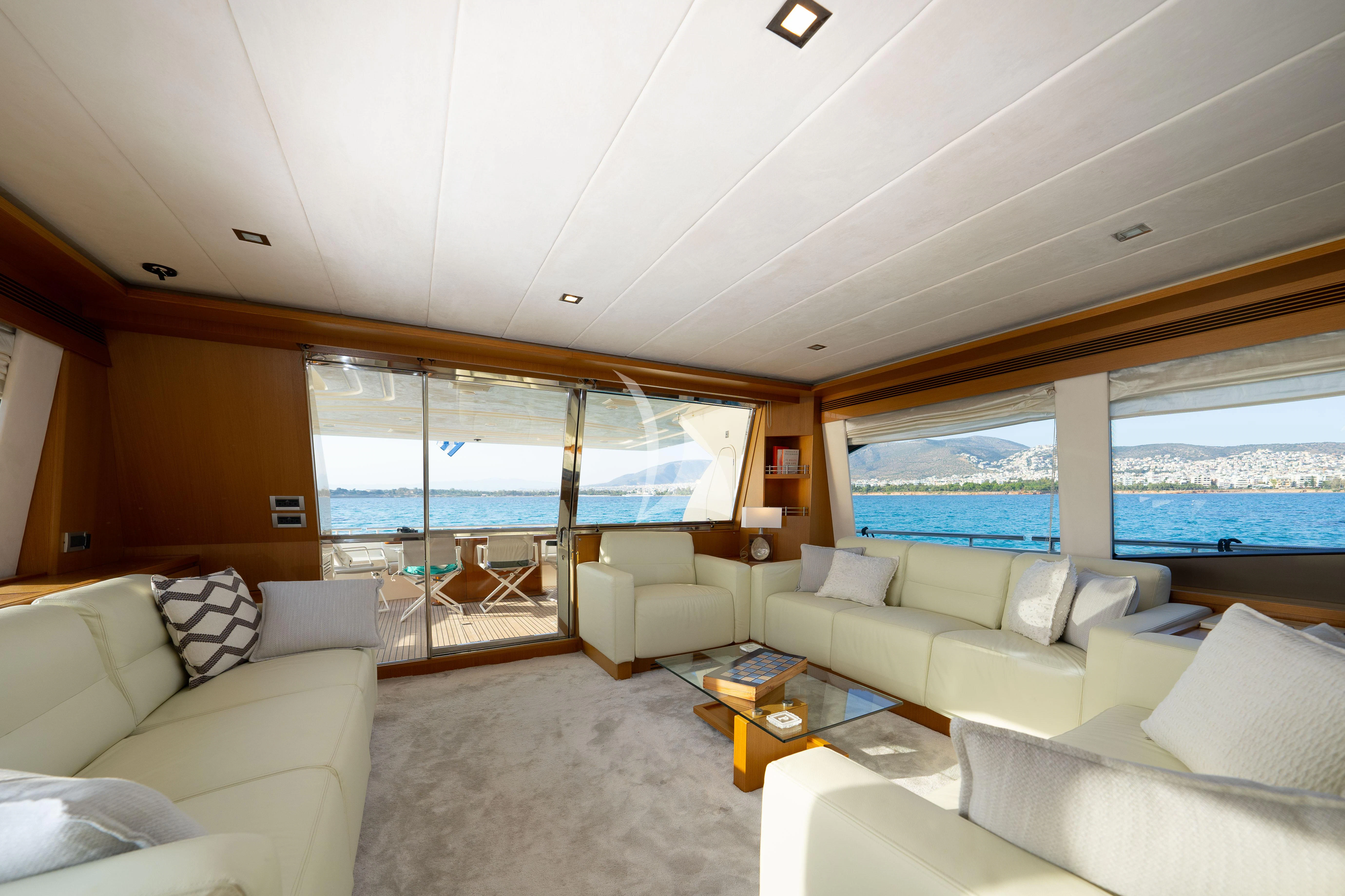 a living room with a large window aboard NINETEEN Yacht for Charter
