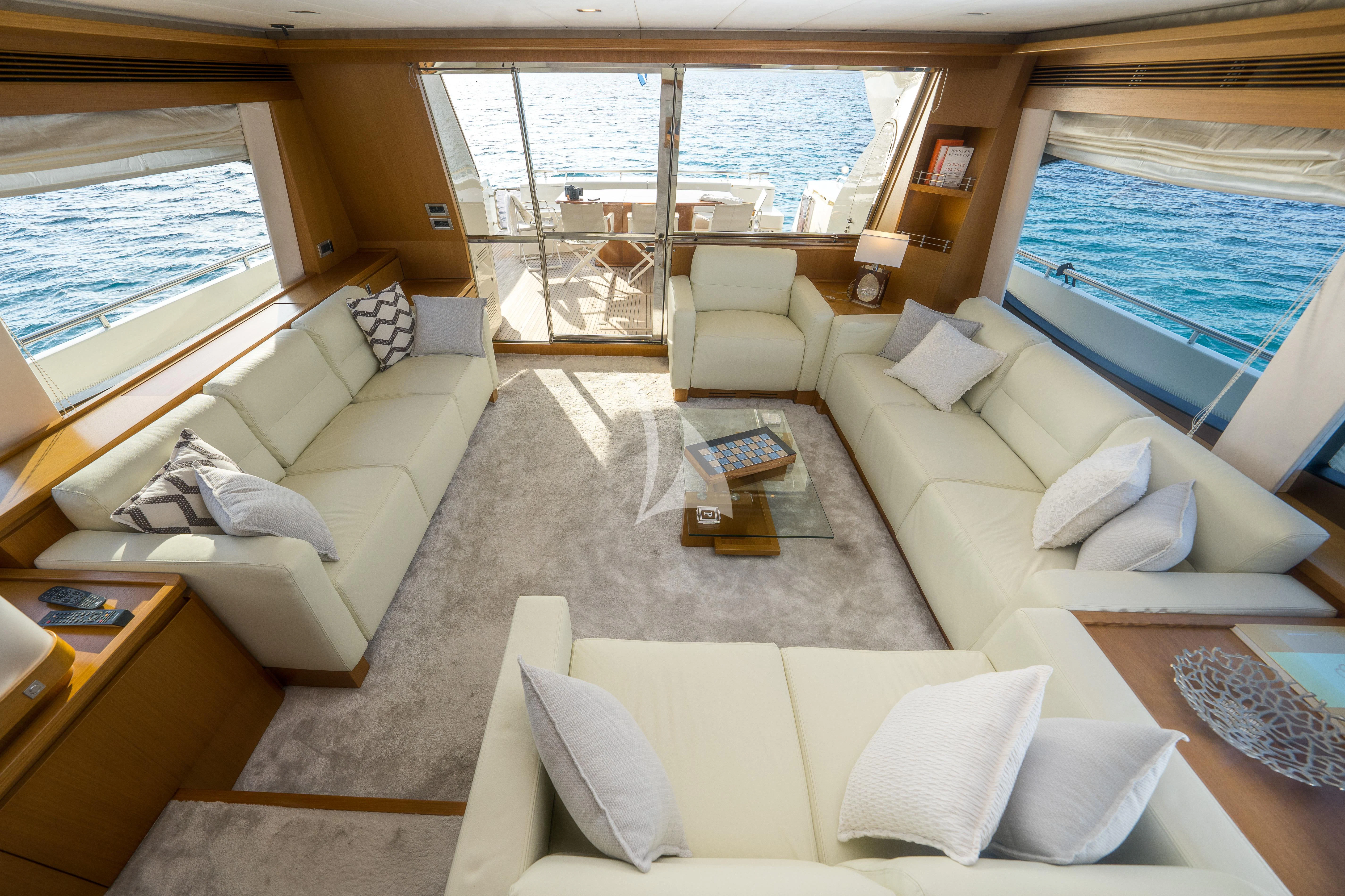 a living room with a large window aboard NINETEEN Yacht for Charter