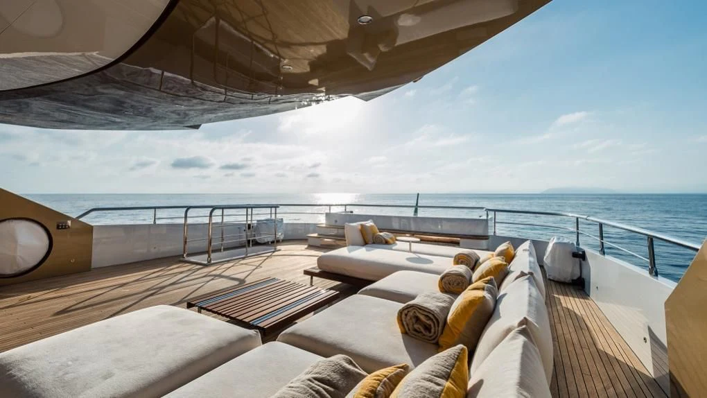 a large balcony overlooking the ocean aboard KIMOJO Yacht for Sale