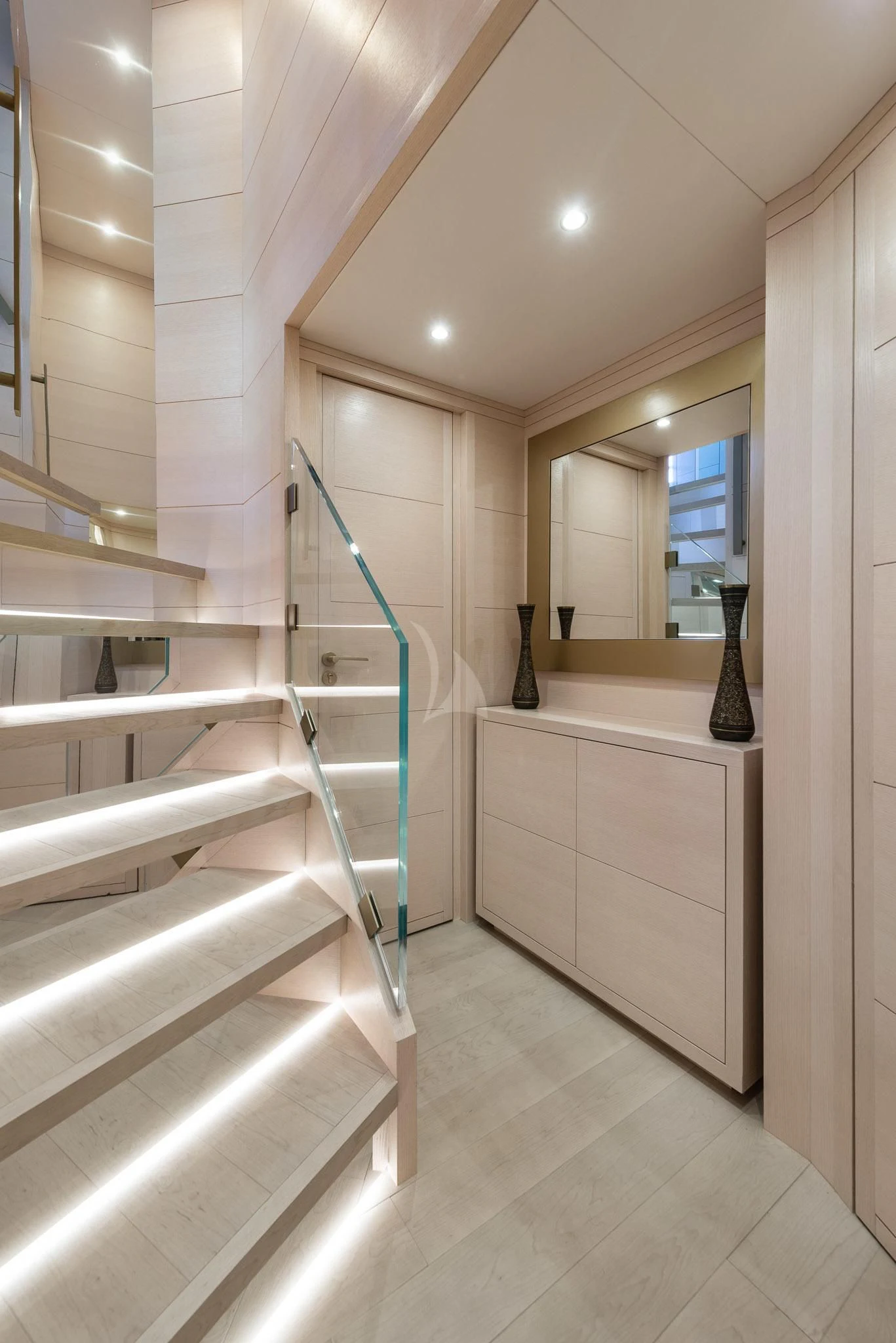 a bathroom with a glass shower aboard KIMOJO Yacht for Sale