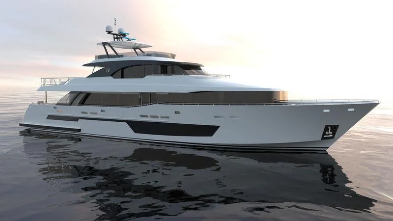 a white boat on a beach aboard NIRVANA II Yacht for Sale
