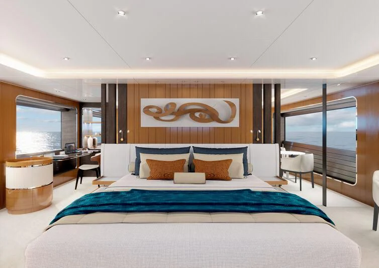 a large bed in a room aboard NIRVANA II Yacht for Sale