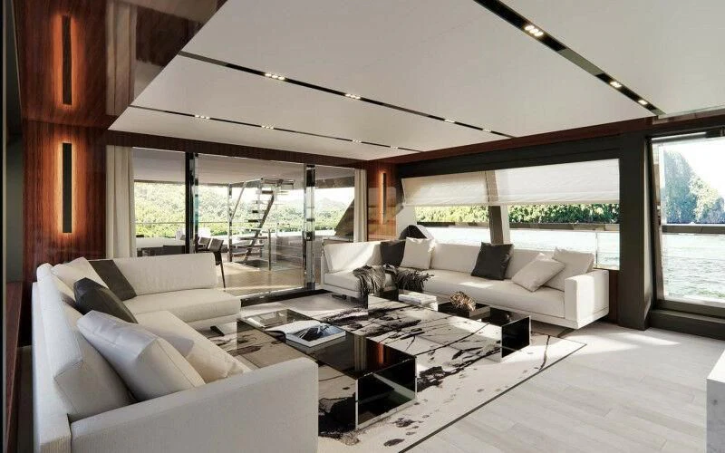 a living room with a large window aboard JANUS NAVEM Yacht for Sale