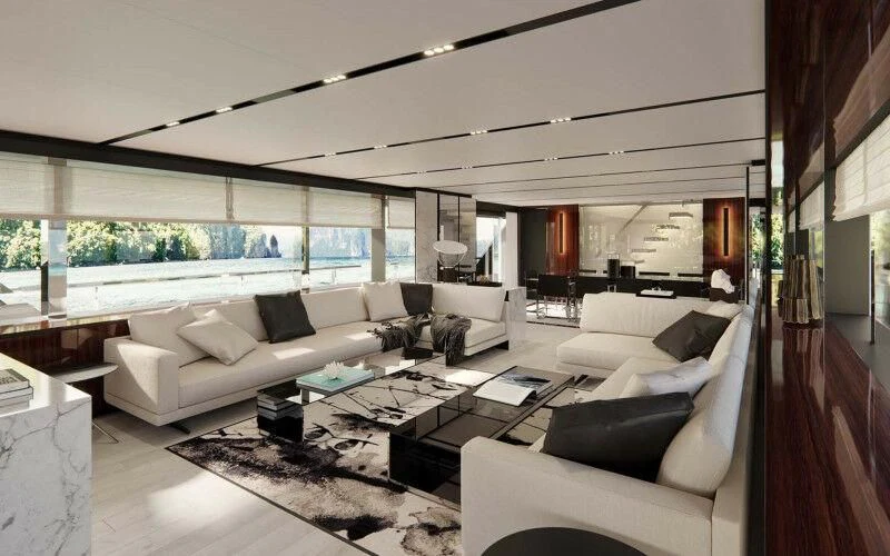 a living room with a large window aboard JANUS NAVEM Yacht for Sale