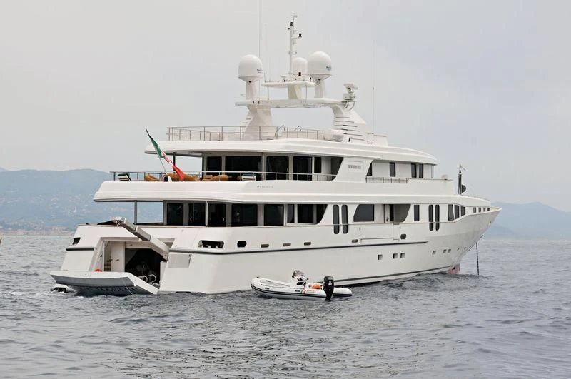 a large white boat with a smaller boat on it aboard NEW MASTER Yacht for Sale