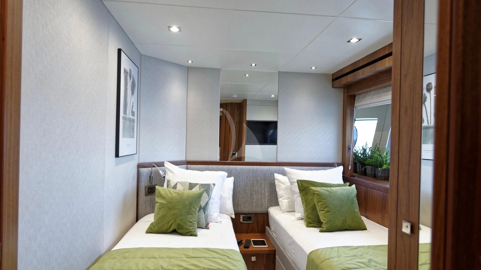 a room with two beds aboard TAKE OFF Yacht for Sale