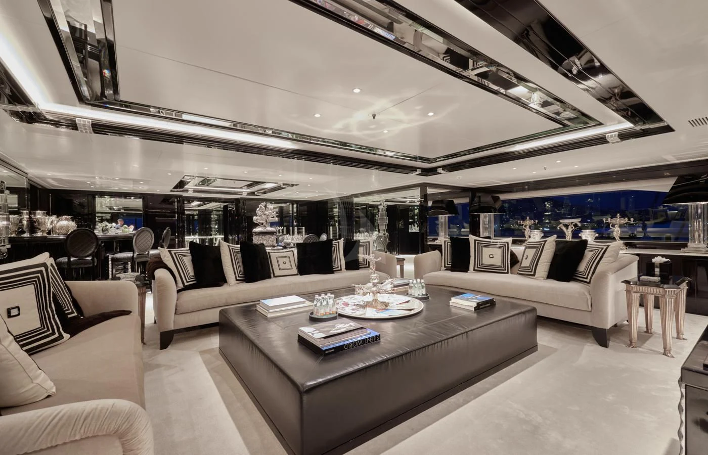 a large living room with a large glass ceiling aboard SILVER ANGEL Yacht for Charter