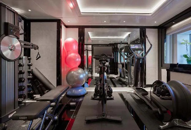 a room with large red balloons aboard SILVER ANGEL Yacht for Charter