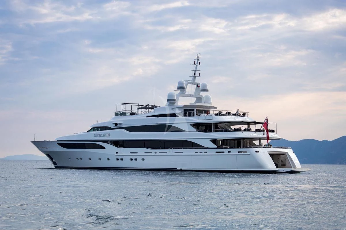 a white yacht on the water aboard SILVER ANGEL Yacht for Charter