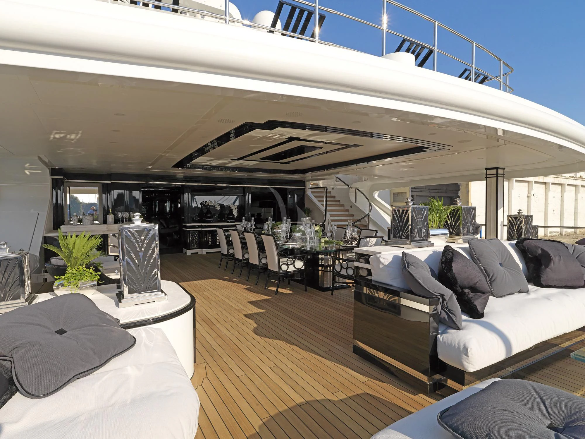 a large room with tables and chairs aboard SILVER ANGEL Yacht for Charter