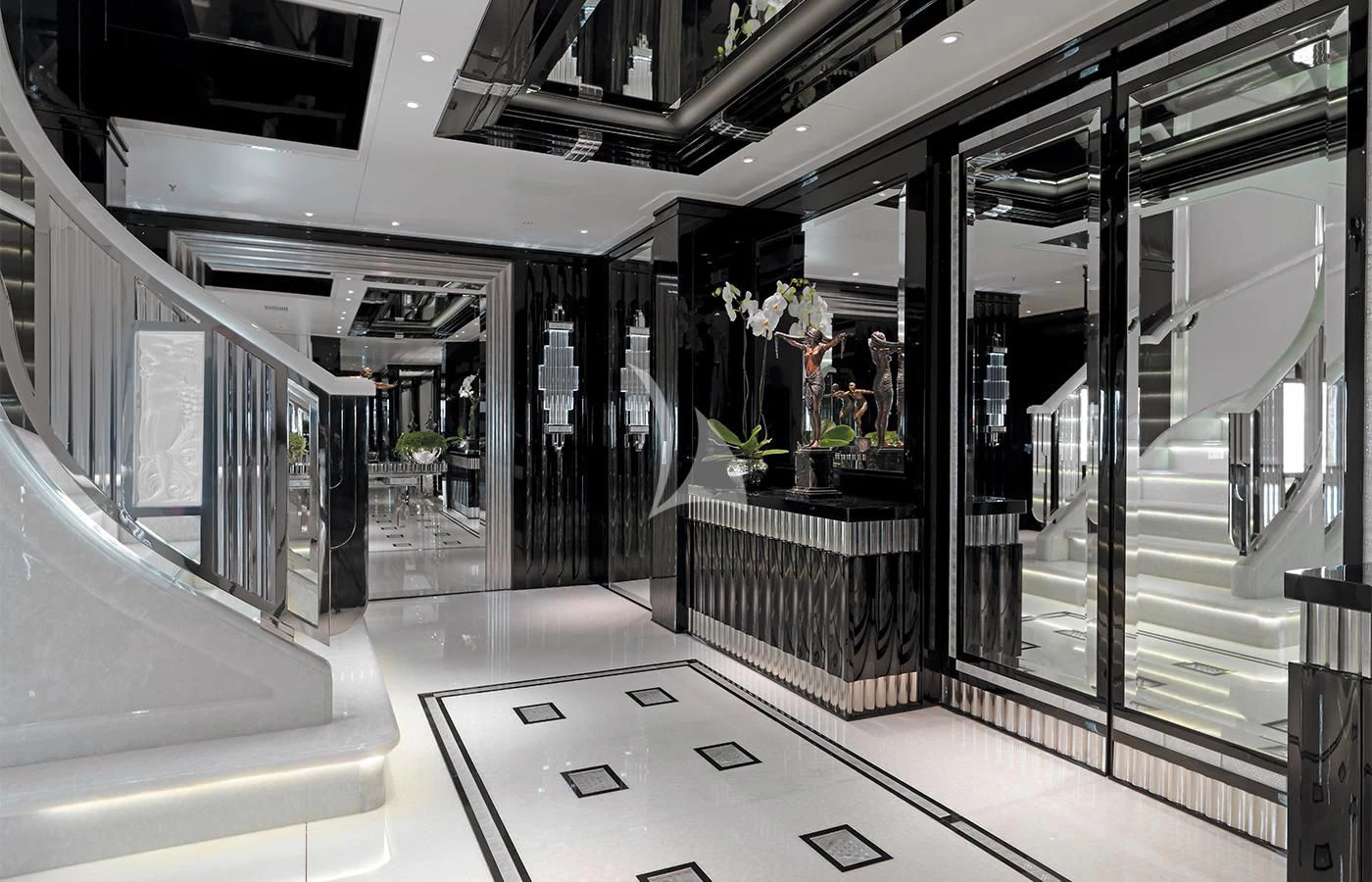 a large room with glass walls aboard SILVER ANGEL Yacht for Charter