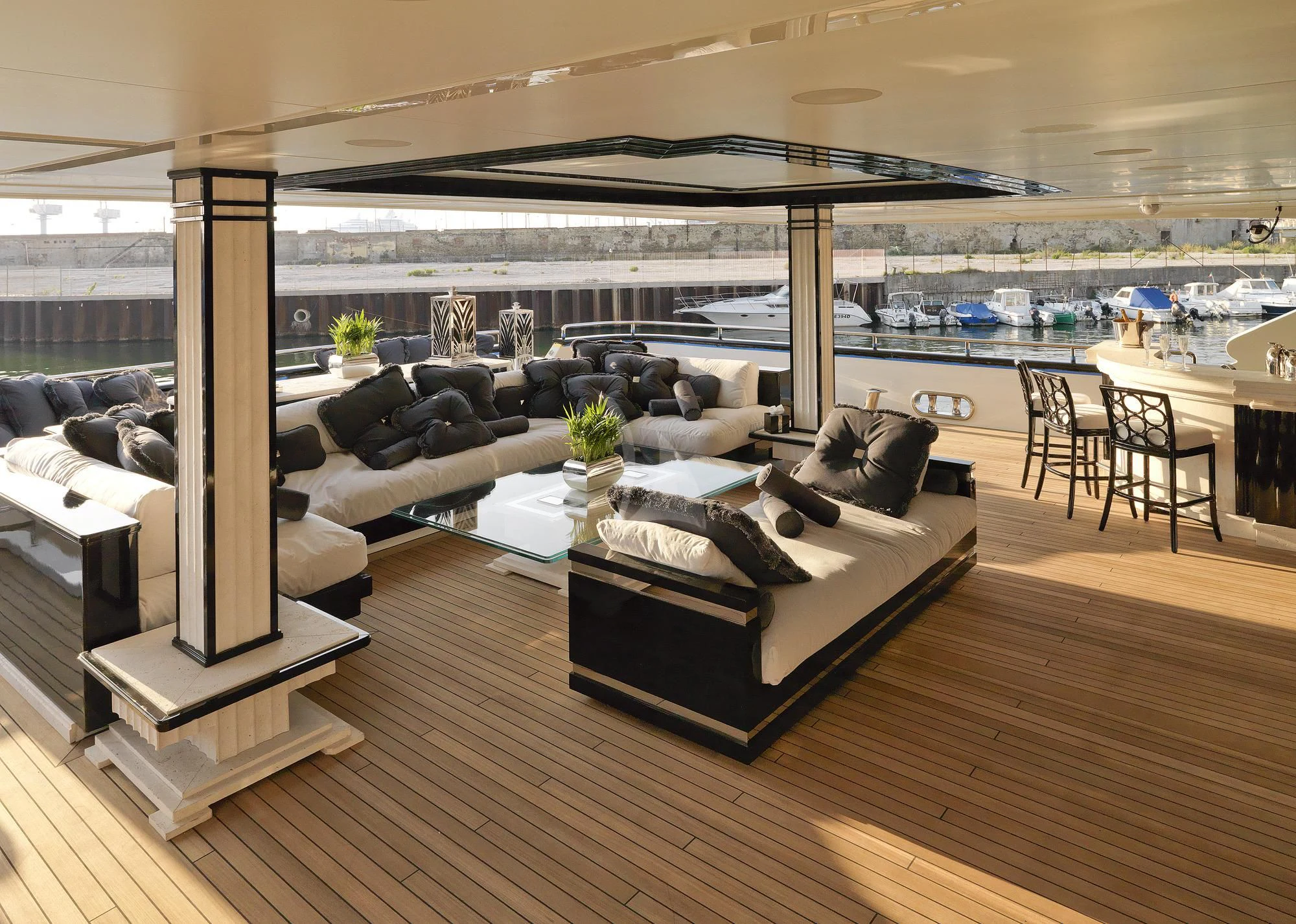 a living room with a large window aboard SILVER ANGEL Yacht for Charter