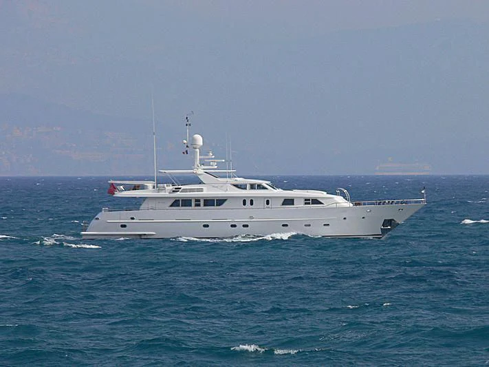 a white boat in the water aboard AMNA Yacht for Sale