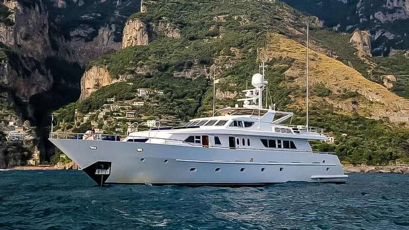 a boat on the water aboard AMNA Yacht for Sale